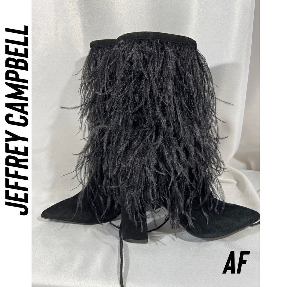 JEFFREY CAMPBELL SHAKE YA OSTRICH FEATHER BOOTS NEW BLACK